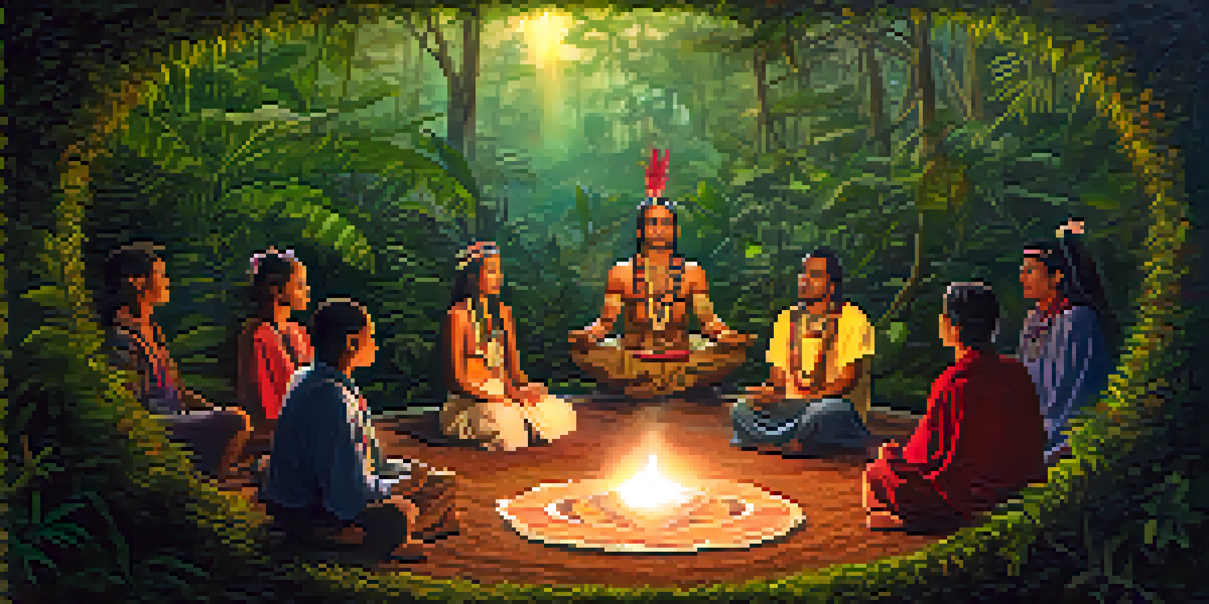 A calm Ayahuasca ceremony scene in a lush rainforest, with participants sitting in a circle and a shaman at the center.