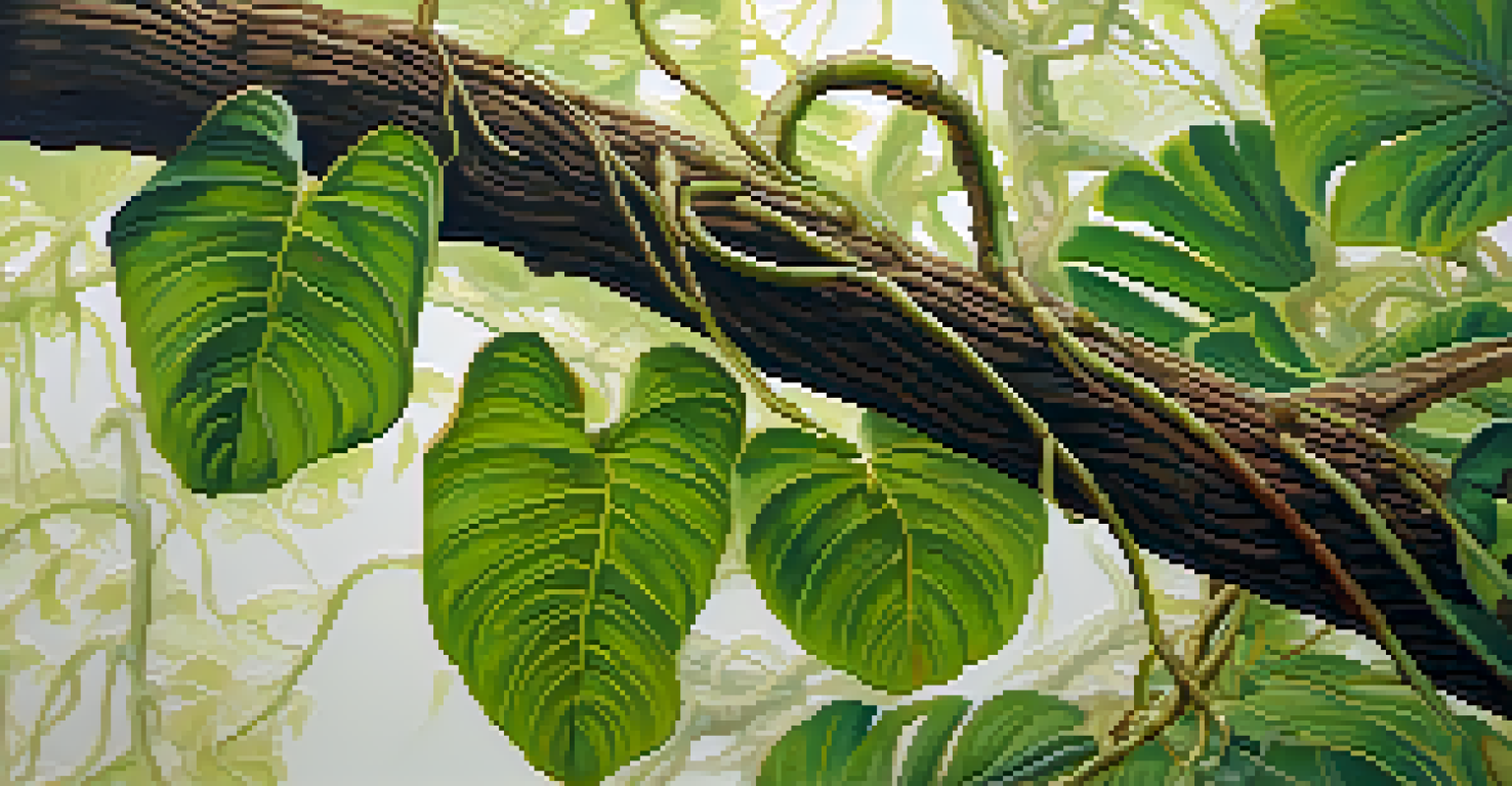 A detailed close-up of the Banisteriopsis caapi vine, showcasing its textured bark and twisted branches against a softly blurred background of Amazonian flora.