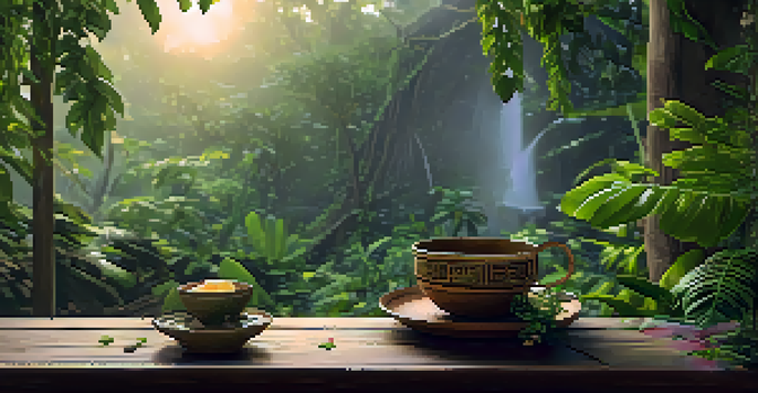 A tranquil Amazon rainforest at dawn, featuring mist, lush green foliage, and a rustic clay cup of Ayahuasca brew surrounded by flowers.