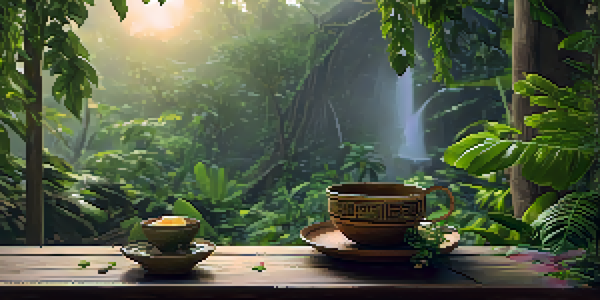 A tranquil Amazon rainforest at dawn, featuring mist, lush green foliage, and a rustic clay cup of Ayahuasca brew surrounded by flowers.