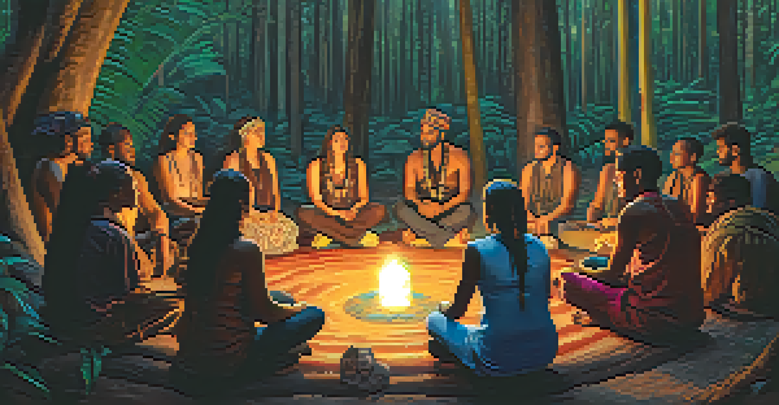 A group participating in an Ayahuasca ceremony in a forest setting, guided by a shaman.