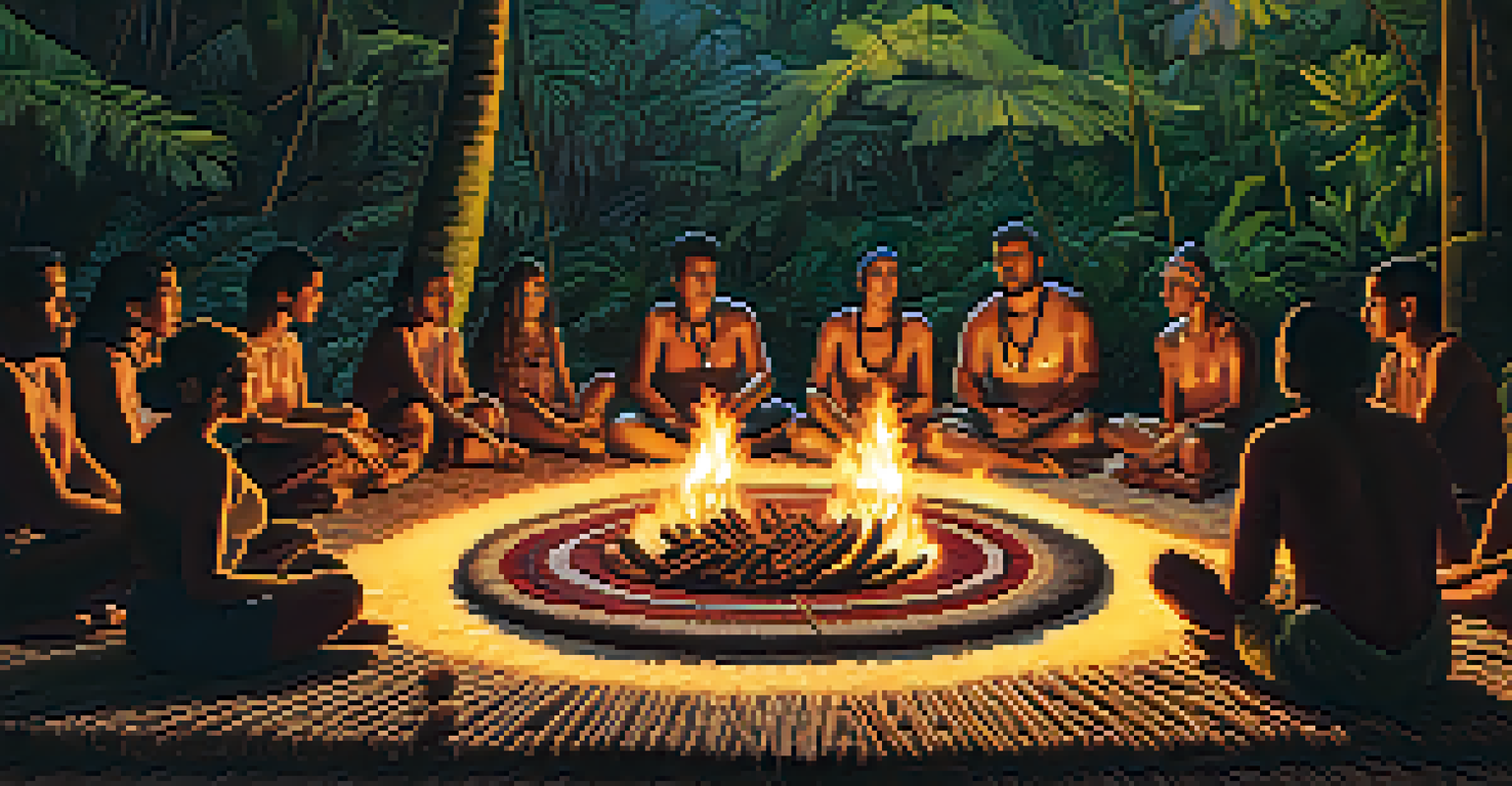 Participants seated in a circle around a fire during an ayahuasca ceremony, surrounded by jungle.
