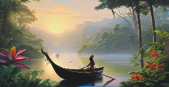 A peaceful Amazon rainforest at dawn, featuring a misty river with a wooden boat and silhouettes of indigenous people in a ceremonial gathering.