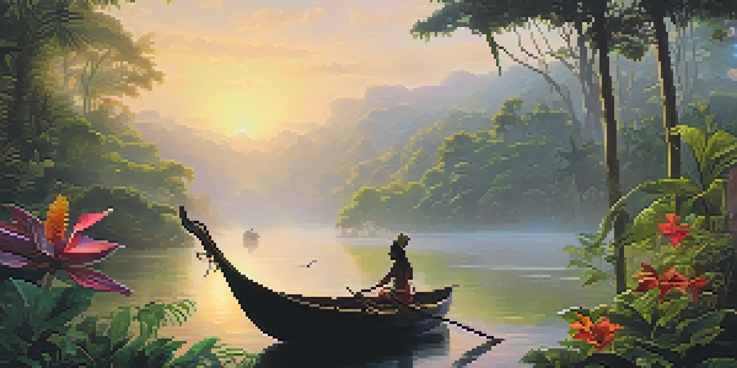 A peaceful Amazon rainforest at dawn, featuring a misty river with a wooden boat and silhouettes of indigenous people in a ceremonial gathering.