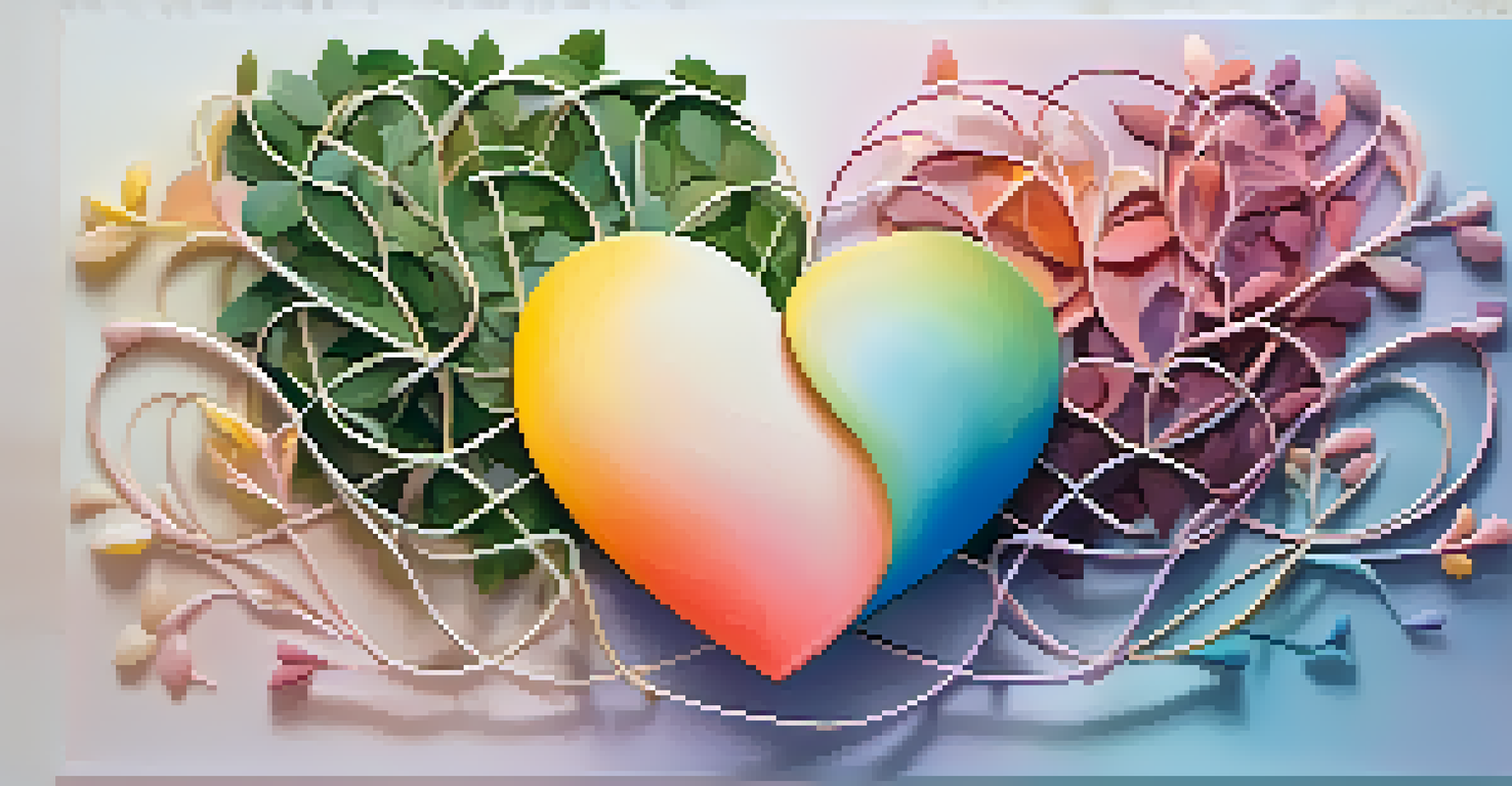 An abstract image of intertwined hearts made of vines and leaves against a pastel gradient background.