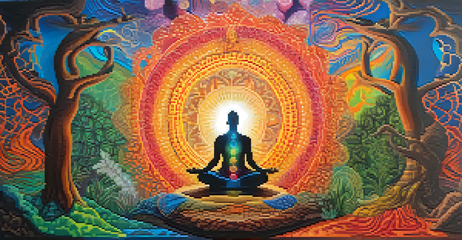 A split image showing a person in a visionary journey on one side and practicing breathwork in a peaceful setting on the other side.