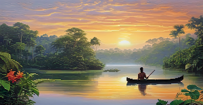A peaceful Amazon rainforest at dawn with a winding river, lush greenery, and a wooden canoe, reflecting warm morning light.