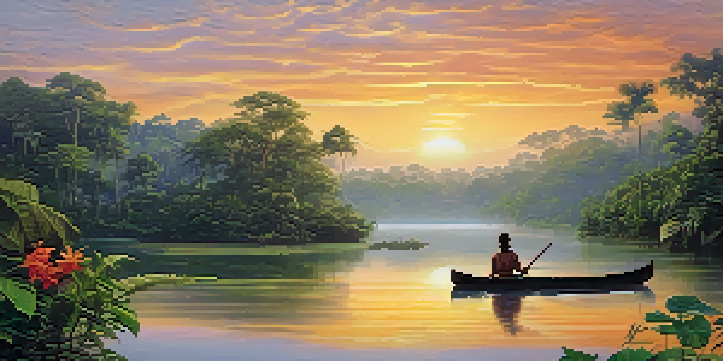 A peaceful Amazon rainforest at dawn with a winding river, lush greenery, and a wooden canoe, reflecting warm morning light.