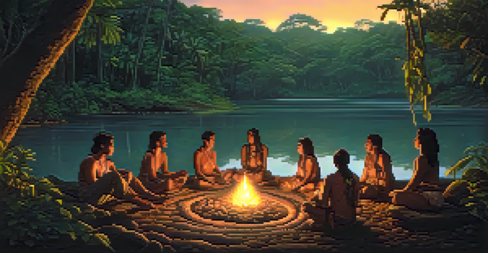 A peaceful scene of a group gathered for an Ayahuasca ceremony in the Amazon rainforest at twilight, surrounded by lush greenery and a gentle river.
