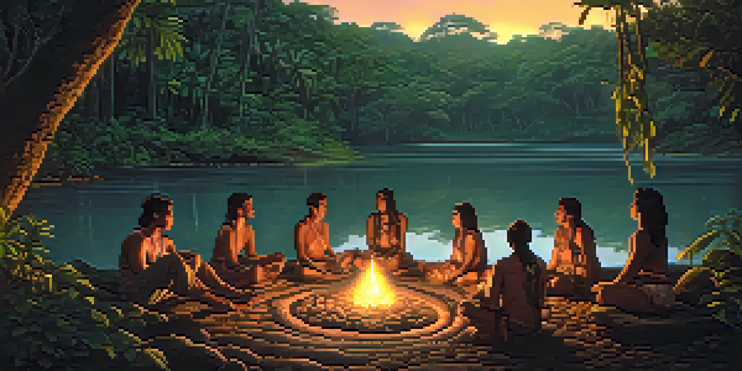 A peaceful scene of a group gathered for an Ayahuasca ceremony in the Amazon rainforest at twilight, surrounded by lush greenery and a gentle river.