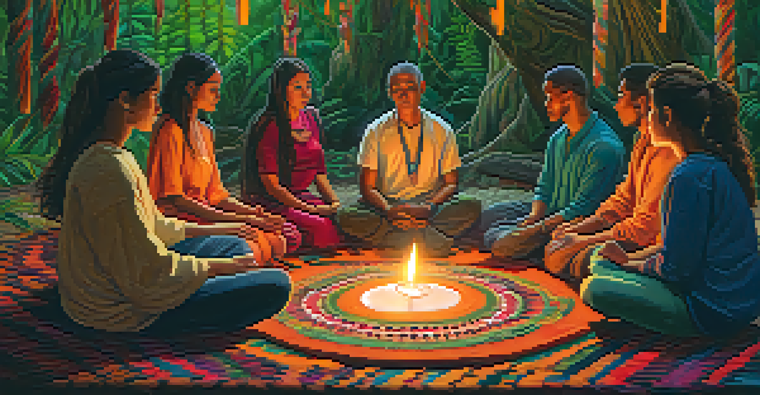 A circle of participants in an Ayahuasca ceremony, sitting on mats surrounded by candles, creating a warm atmosphere.