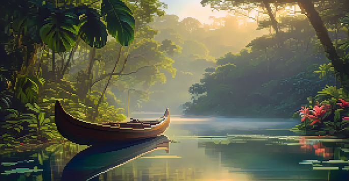 A peaceful Amazon rainforest at dawn with a wooden canoe floating on a misty river, surrounded by lush greenery and soft sunlight.