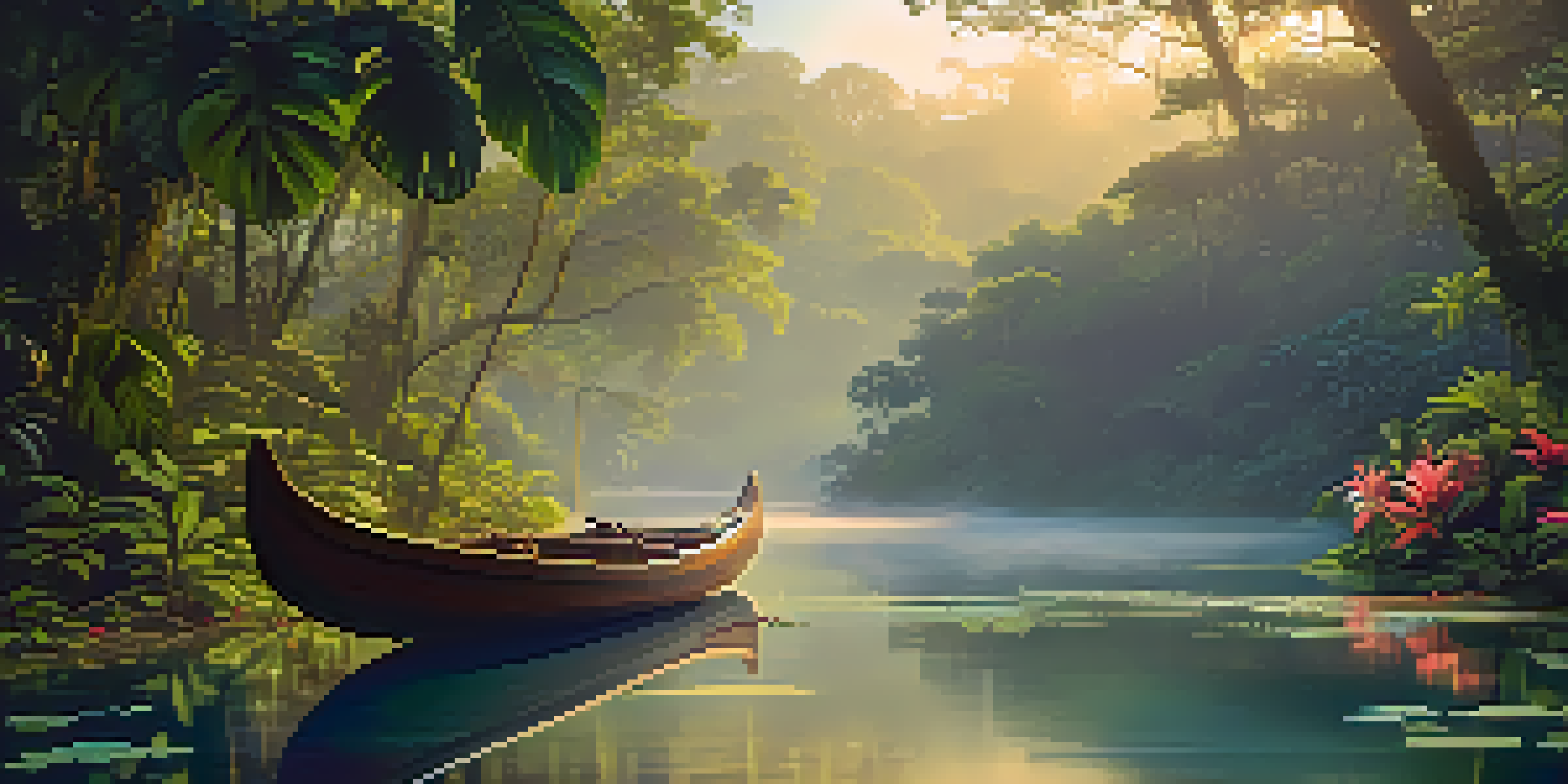 A peaceful Amazon rainforest at dawn with a wooden canoe floating on a misty river, surrounded by lush greenery and soft sunlight.