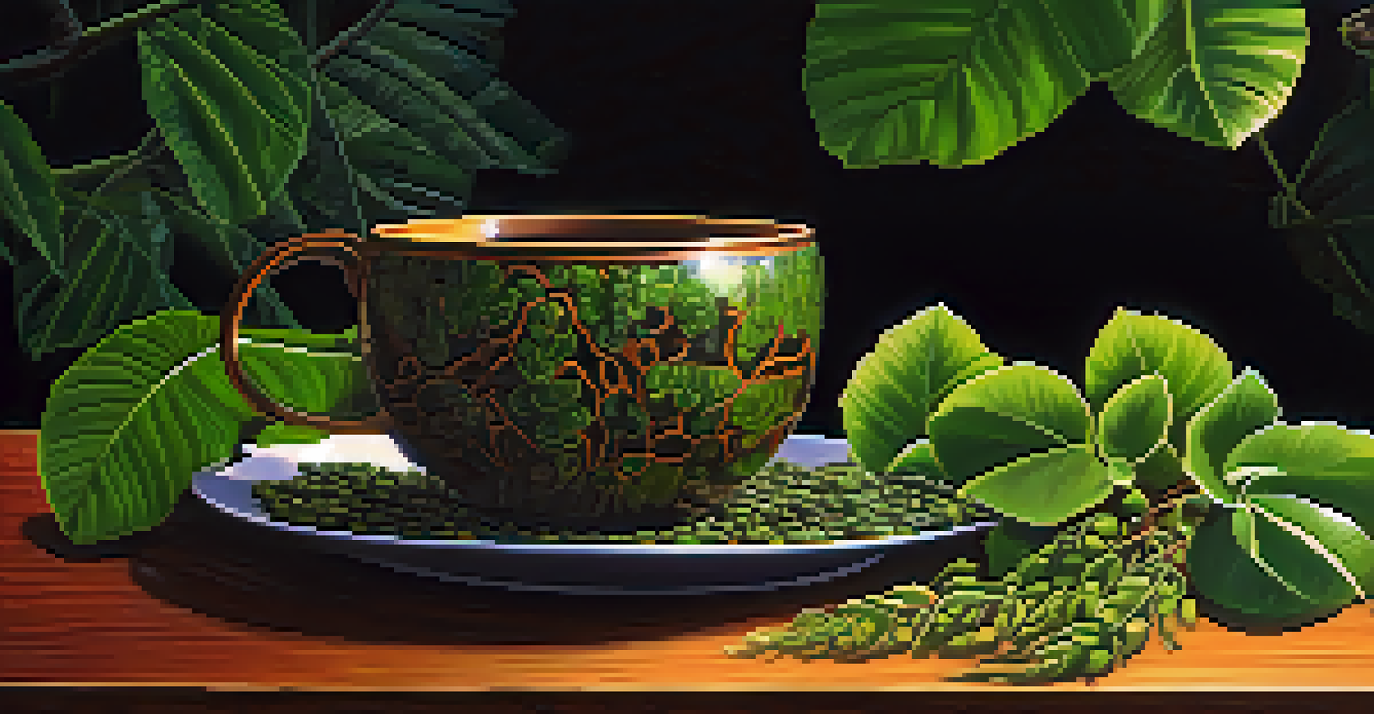 An artistic display of the ingredients of ayahuasca and the brew in a traditional cup, surrounded by tropical flowers and greenery.