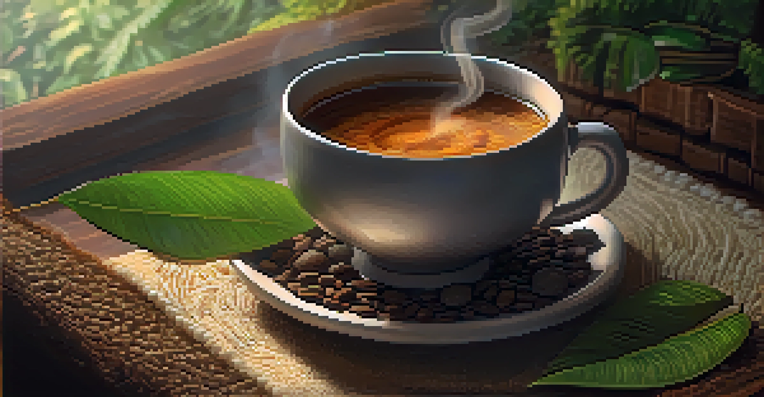 A close-up of a steaming cup of ayahuasca brew on a woven mat, surrounded by leaves and stones.