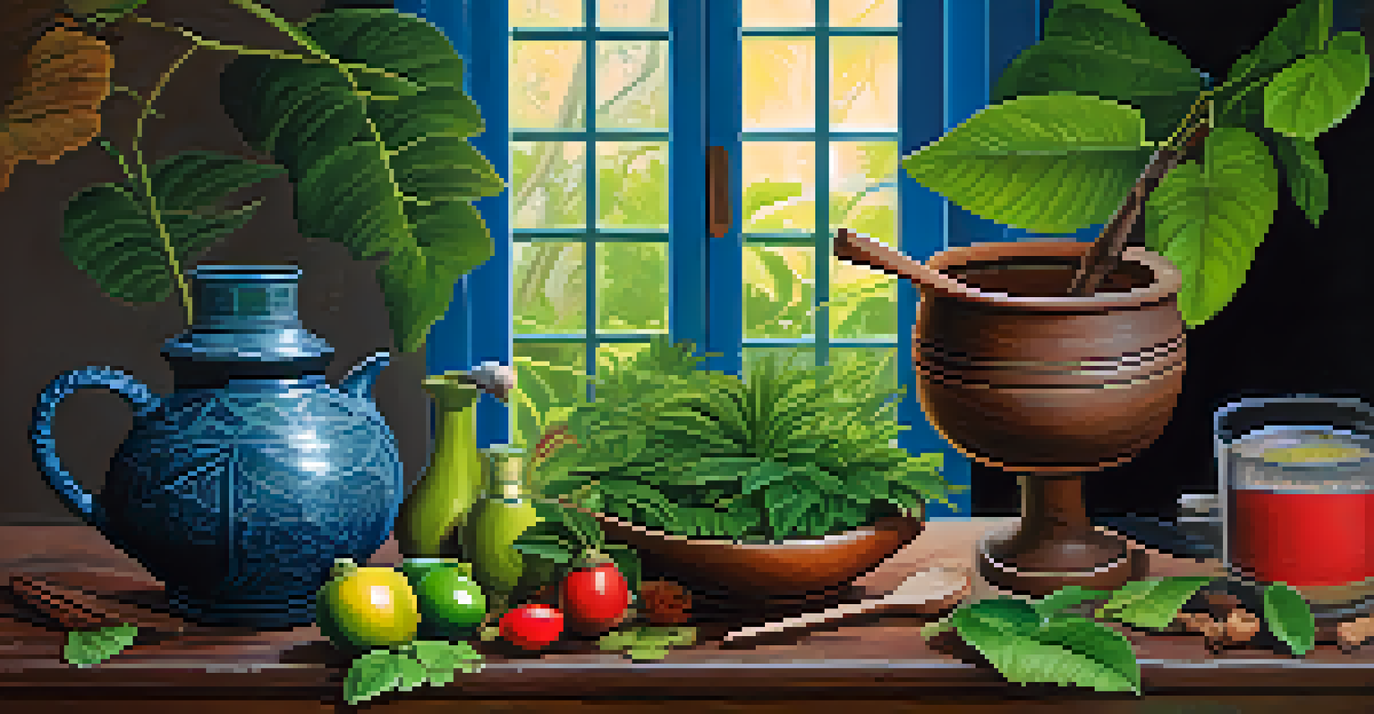 A display of Ayahuasca preparation with fresh leaves and a mortar and pestle on a wooden table, illuminated by natural light from a window.