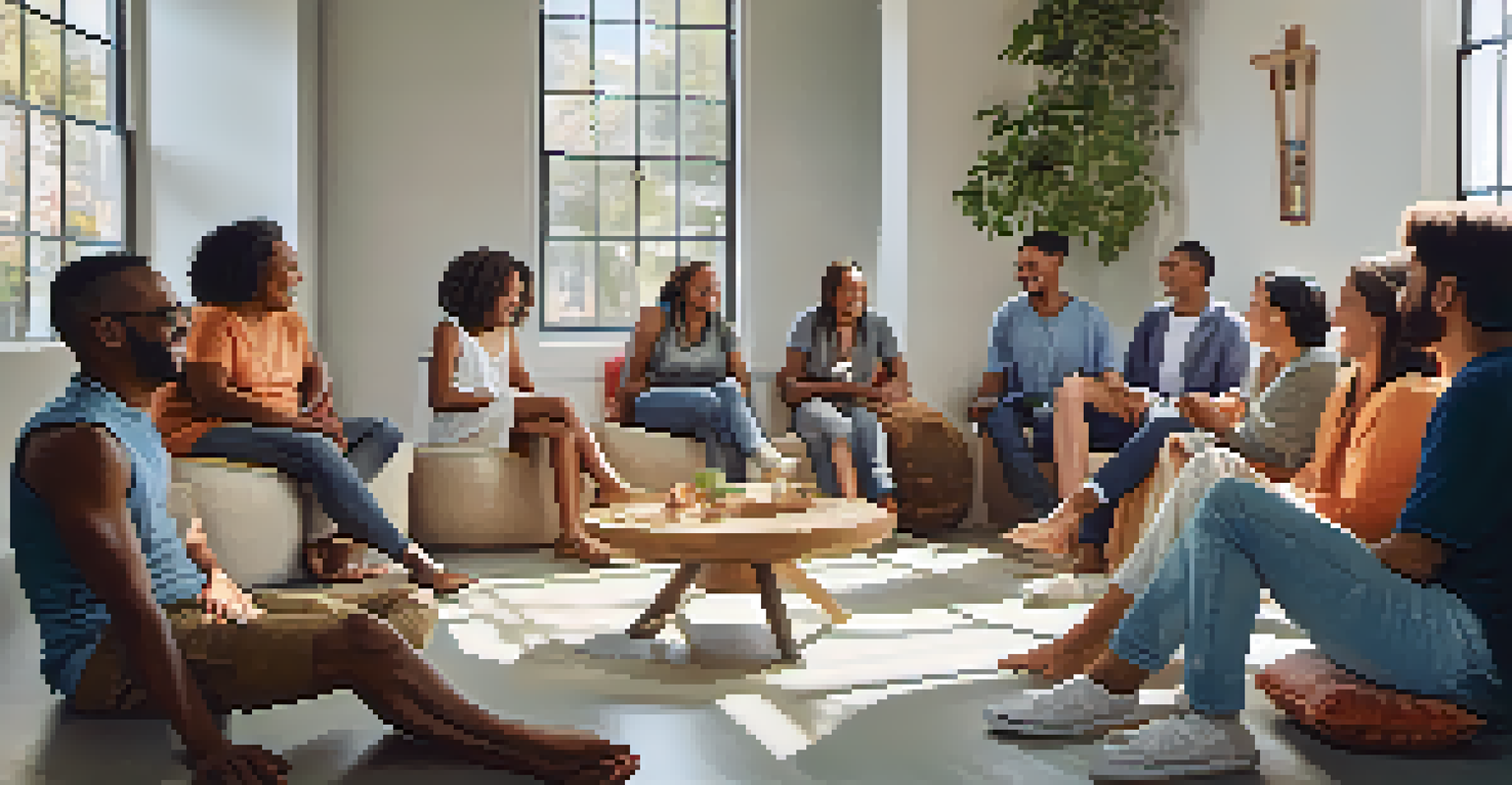 A diverse group of people sitting in a circle, engaged in a supportive discussion with natural light coming through a large window.