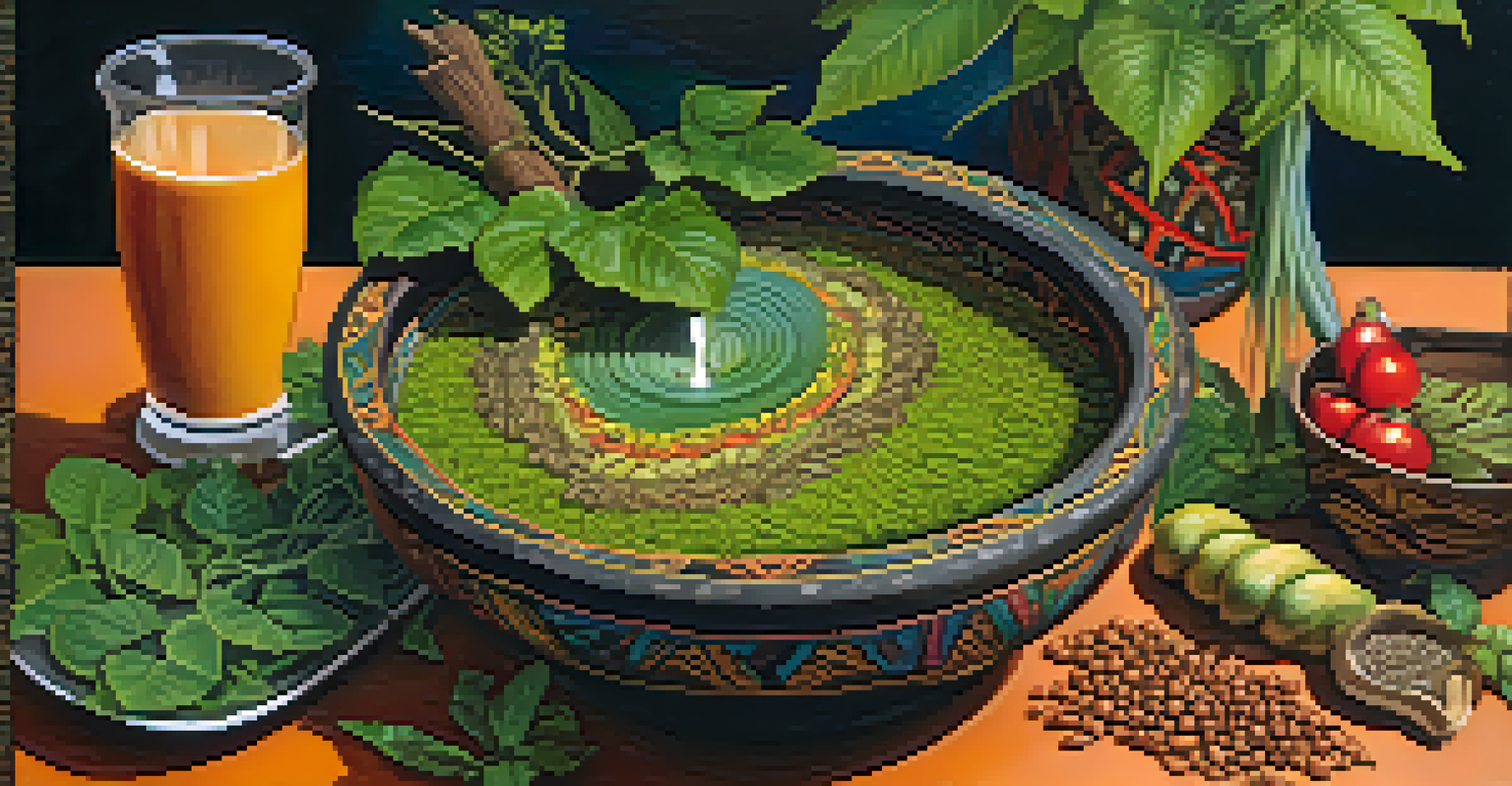A close-up of a traditional Ayahuasca brew in a ceramic bowl with fresh plants around it.