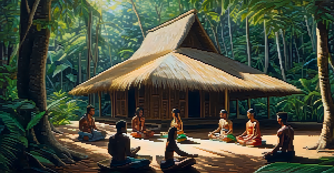 A peaceful Ayahuasca retreat in the Amazon rainforest, with participants meditating in a circle around a wooden ceremonial hut, surrounded by lush greenery and soft sunlight.