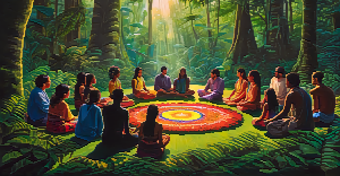 A peaceful Ayahuasca ceremony in the Amazon rainforest with participants and a shaman surrounded by lush greenery and sunlight.