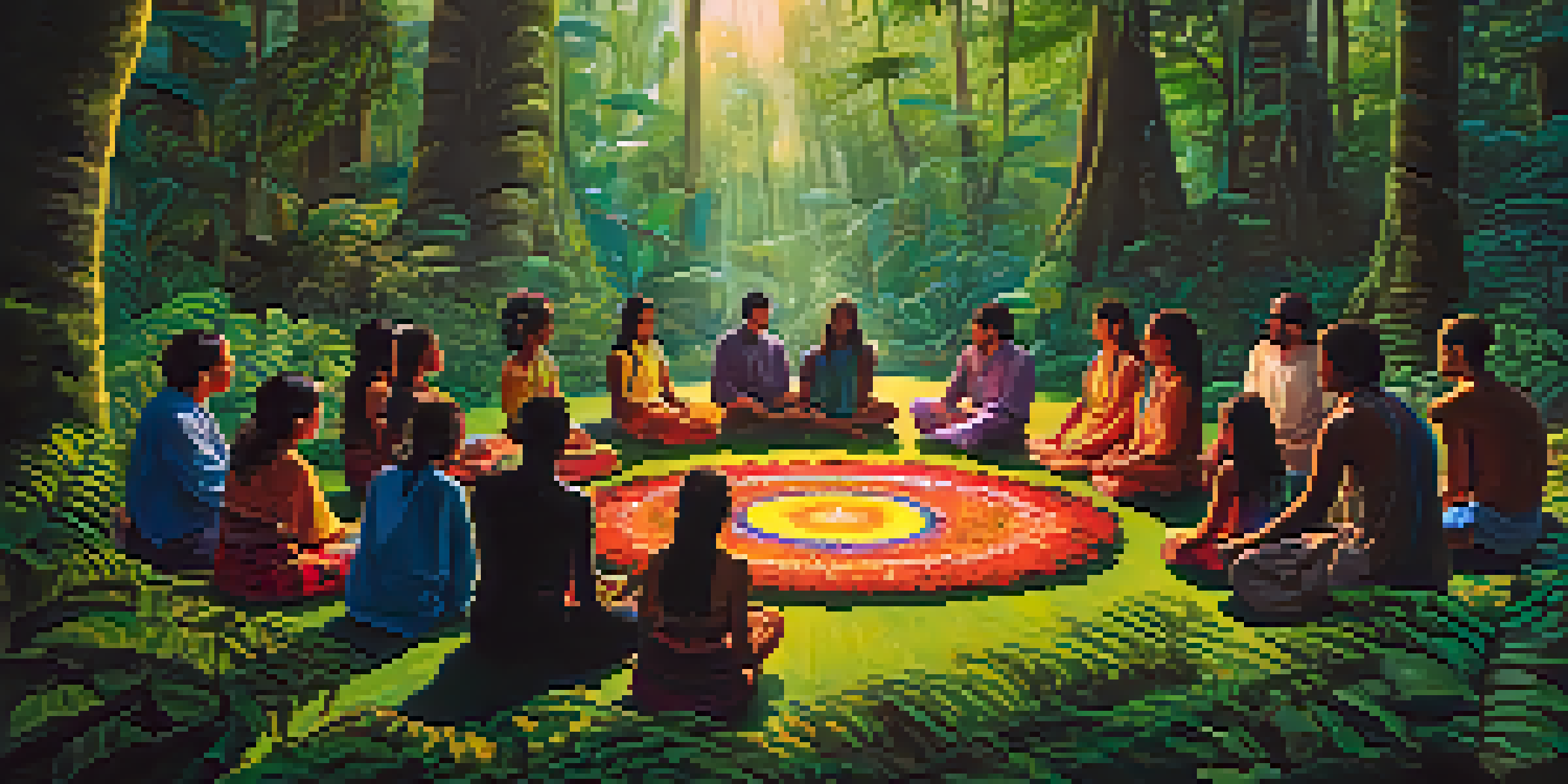 A peaceful Ayahuasca ceremony in the Amazon rainforest with participants and a shaman surrounded by lush greenery and sunlight.
