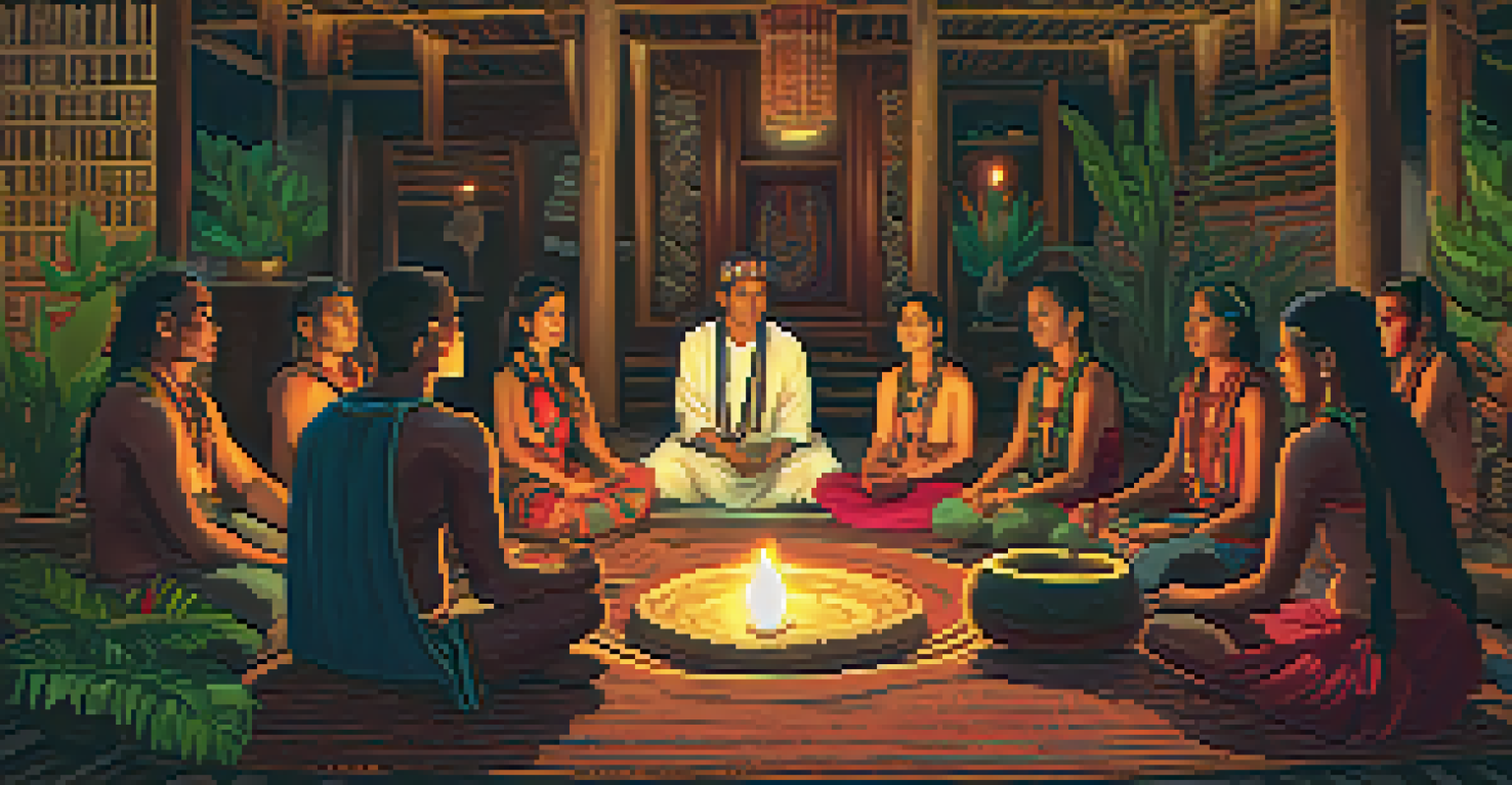 An intimate Ayahuasca ceremony with participants in a circle, guided by a shaman in a warmly lit room.