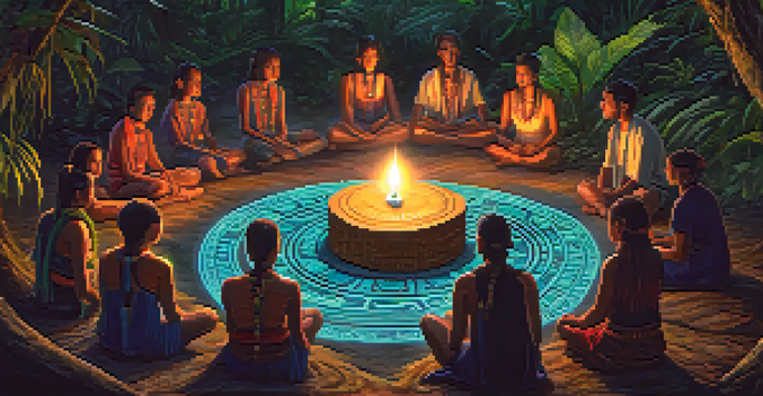 A peaceful scene of an Ayahuasca ceremony in the Amazon rainforest, with participants sitting in a circle and a shaman in the center.