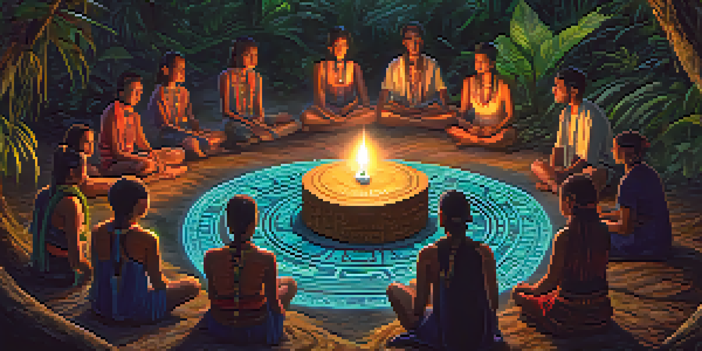 A peaceful scene of an Ayahuasca ceremony in the Amazon rainforest, with participants sitting in a circle and a shaman in the center.