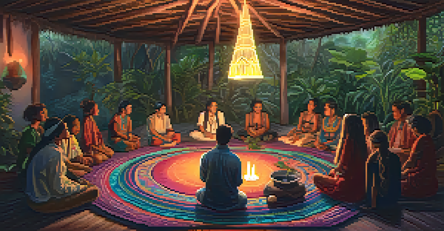 A cozy candle-lit Ayahuasca ceremony with participants seated in a circle and a shaman leading the ritual.