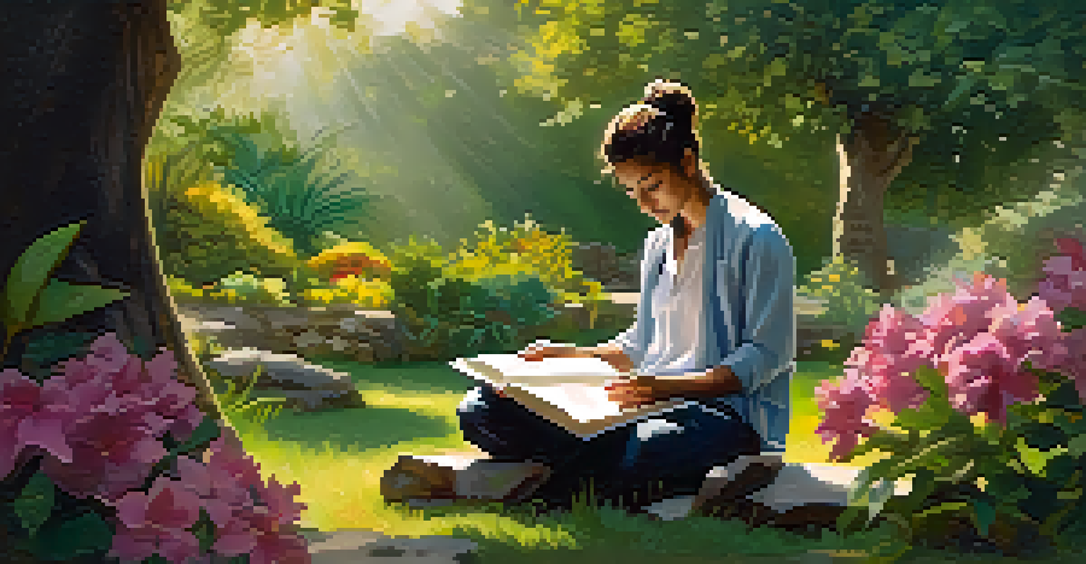 A person meditating in a peaceful garden, holding a journal with sketches and notes, surrounded by blooming flowers and greenery.
