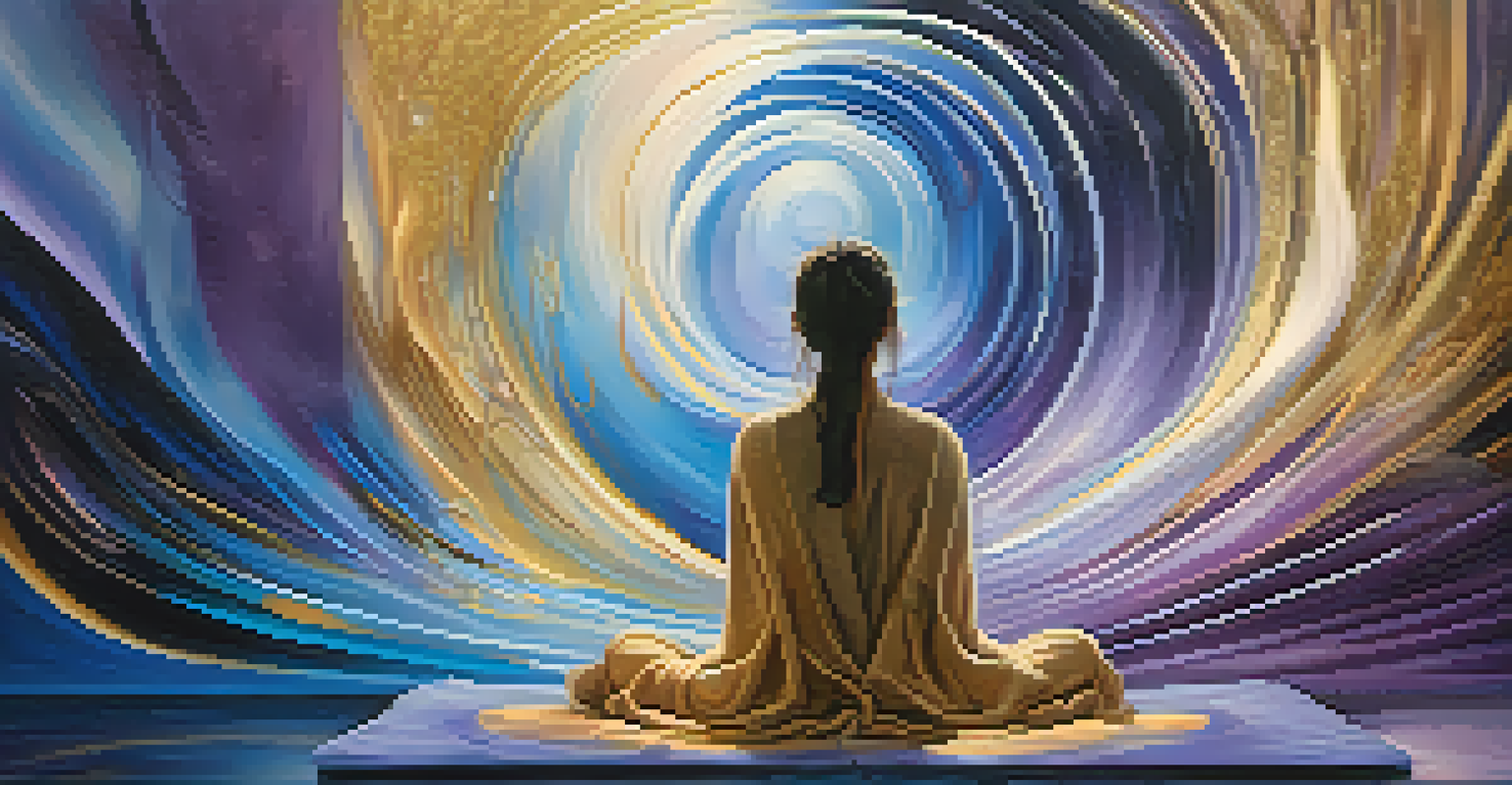 An abstract image of a person meditating, surrounded by swirling colors and shapes representing visions, set against a dreamlike background.