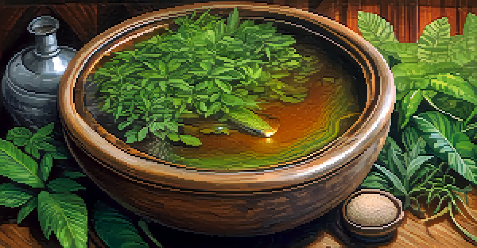 A close-up of a traditional Ayahuasca brew in a rustic bowl, surrounded by fresh herbs, with the Amazon rainforest blurred in the background.