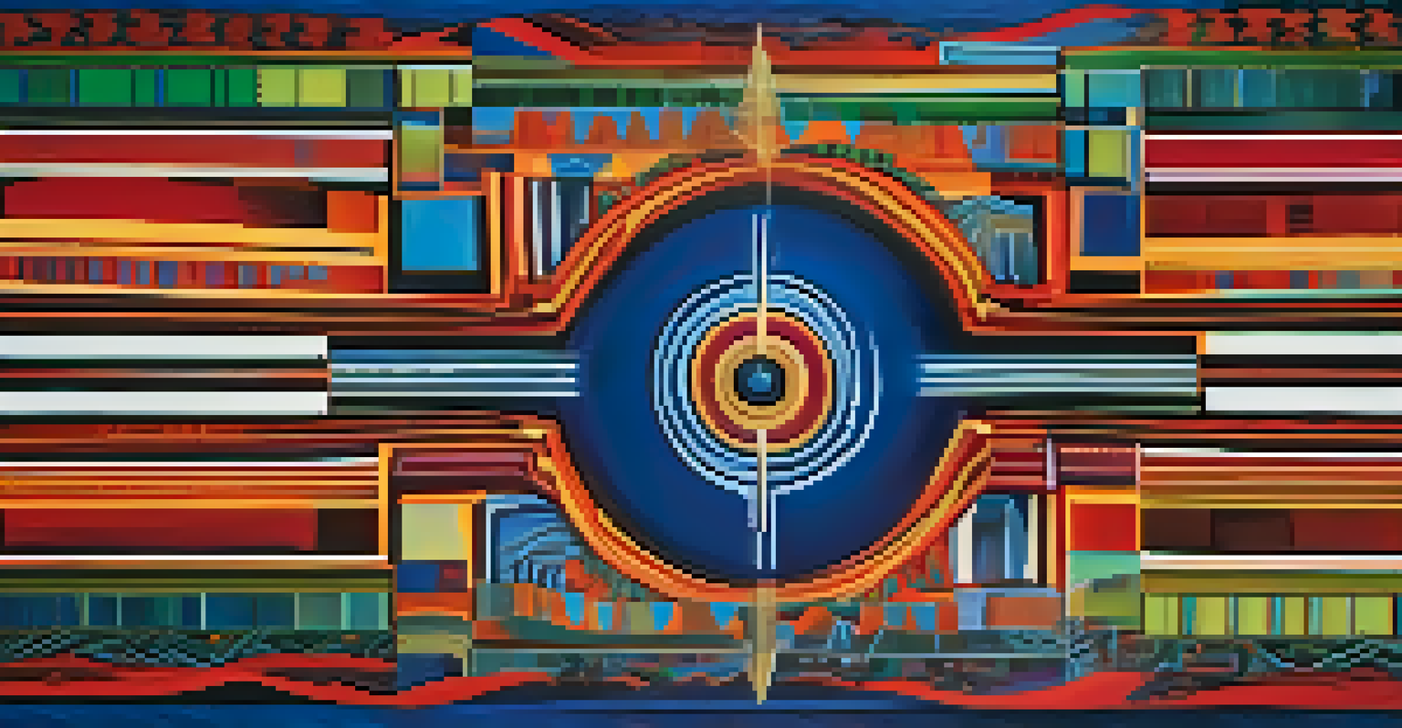 An abstract artwork featuring indigenous motifs and vibrant colors, representing Ayahuasca themes.