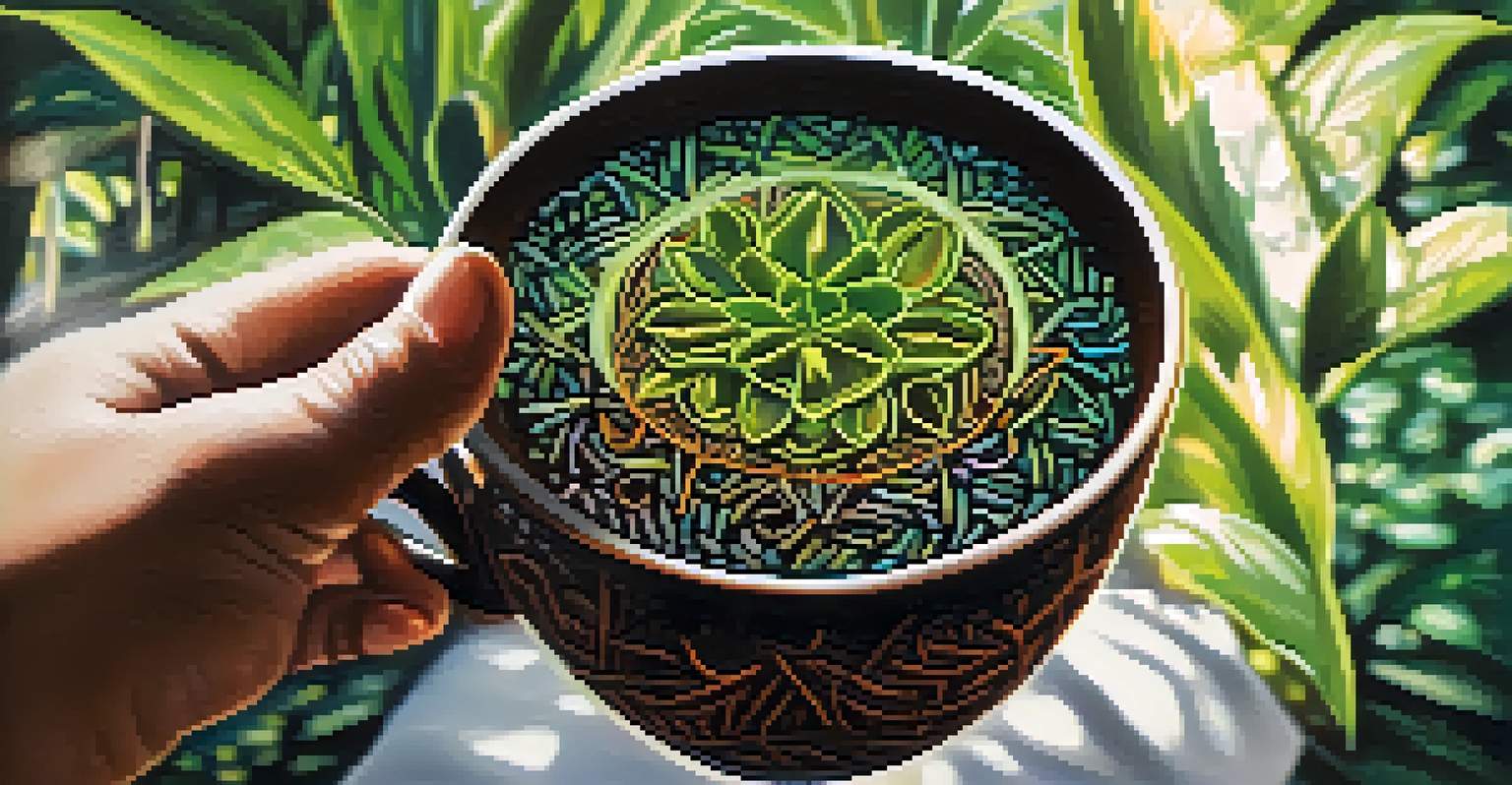 Hands holding a cup of Ayahuasca brew with blurred greenery in the background.