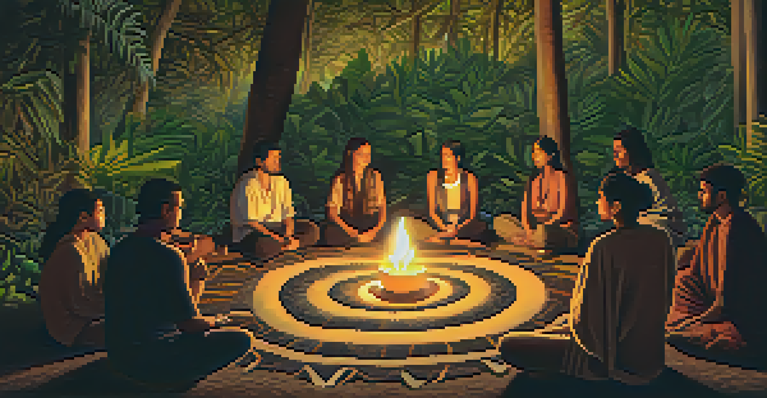 Participants seated in a circle during an Ayahuasca ceremony with candles, stones, and plants creating a peaceful atmosphere.
