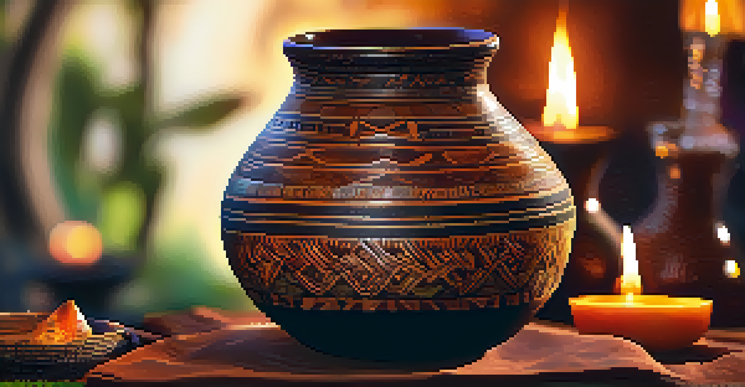 A close-up of Ayahuasca brew in a gourd cup, with a blurred ceremonial setting in the background.