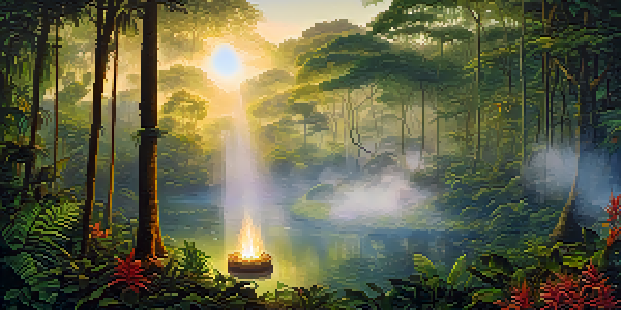 A peaceful scene of an Ayahuasca ceremony in the Amazon rainforest at dawn, with participants sitting in a circle around a fire, surrounded by lush greenery and colorful flowers.