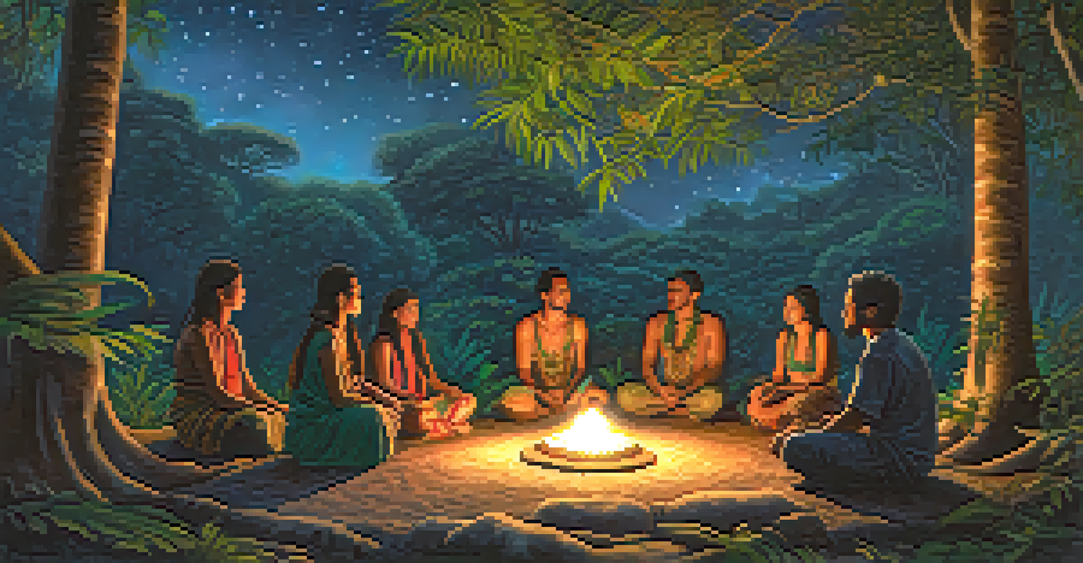 An intimate ayahuasca ceremony at night with participants in a circle under a starry sky, illuminated by soft lantern light.