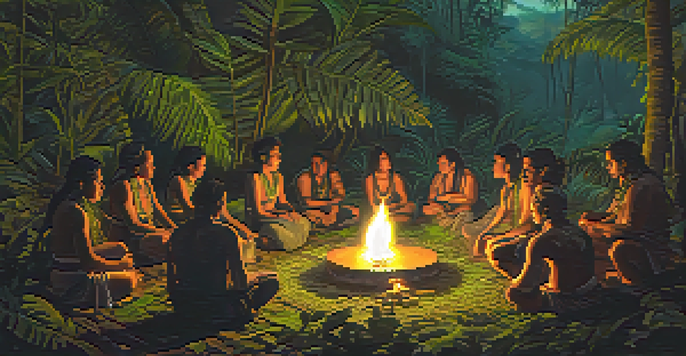 A peaceful Ayahuasca ceremony in the Amazon rainforest, featuring participants in a circle, illuminated by candlelight, with a shaman leading the ceremony.