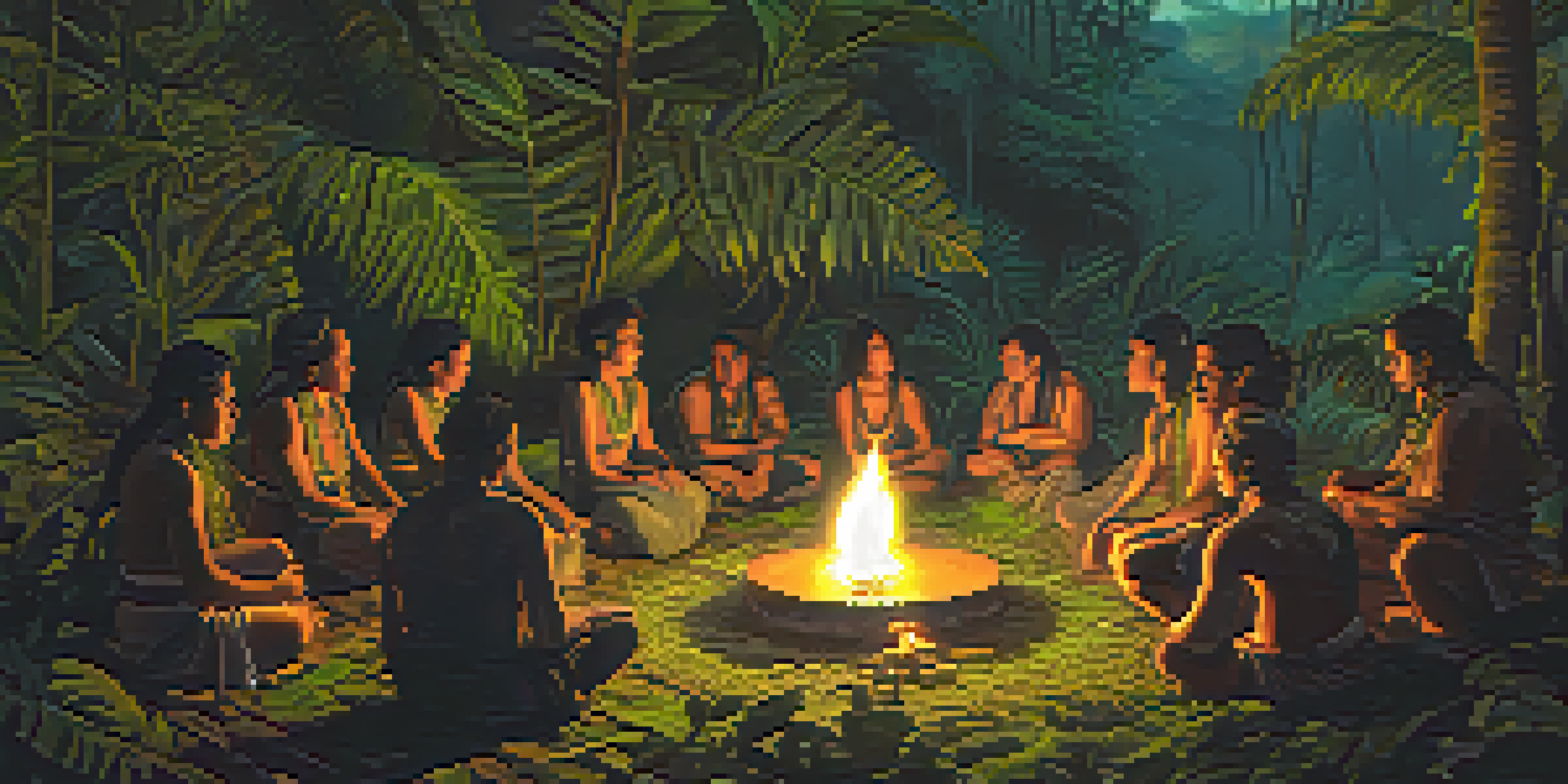 A peaceful Ayahuasca ceremony in the Amazon rainforest, featuring participants in a circle, illuminated by candlelight, with a shaman leading the ceremony.