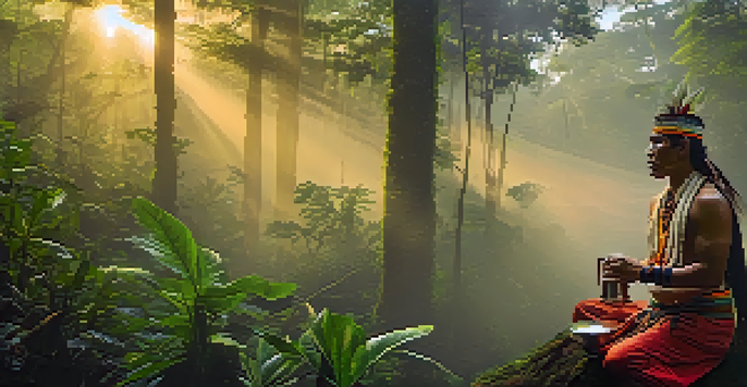 A shaman in the Amazon rainforest at dawn, holding a cup of Ayahuasca, surrounded by mist and lush greenery.