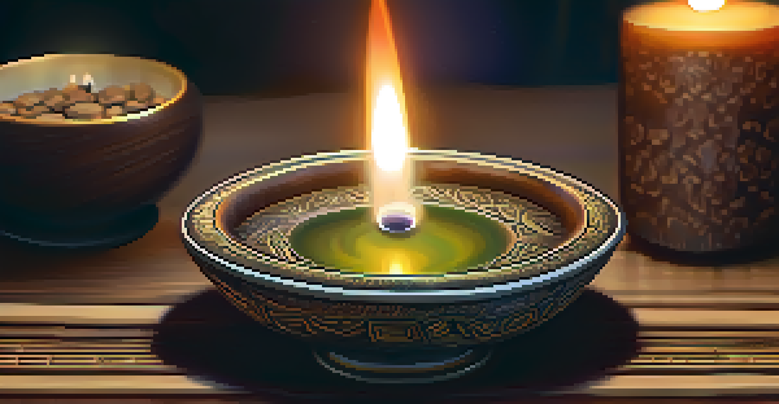 A close-up of a hand holding a bowl of Ayahuasca, with a blurred background of a calming setting with candles and natural materials.