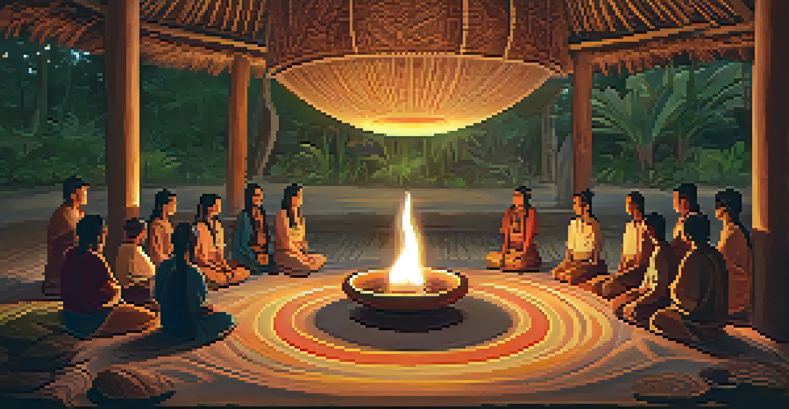 A group of individuals sitting in a circle during an Ayahuasca ceremony, with a shaman singing and candlelight creating a warm atmosphere.