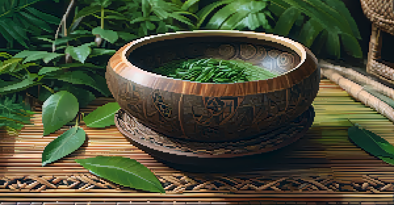 A close-up of a handcrafted Ayahuasca bowl filled with brew, with fresh leaves beside it on a woven mat, set against tribal patterns and greenery.