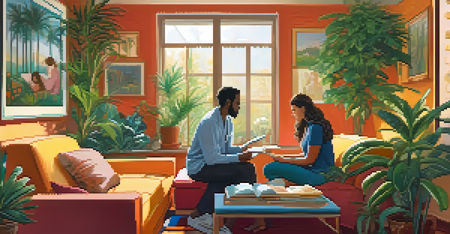 A cozy integration therapy session with a therapist and participant in a warmly lit room, featuring plants and calming decor.