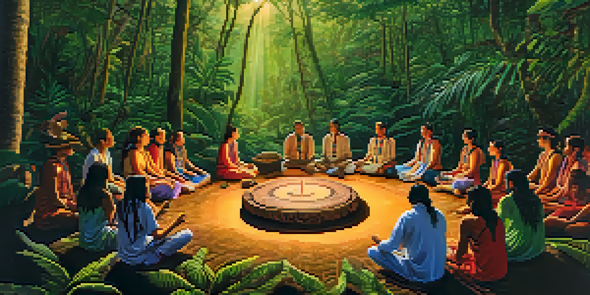 A peaceful Ayahuasca ceremony in the Amazon rainforest with participants seated in a circle, surrounded by greenery and soft lighting.