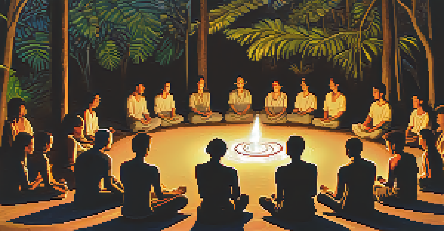 Participants in a circle during an Ayahuasca ceremony, illuminated by candlelight, appearing meditative and connected with nature.