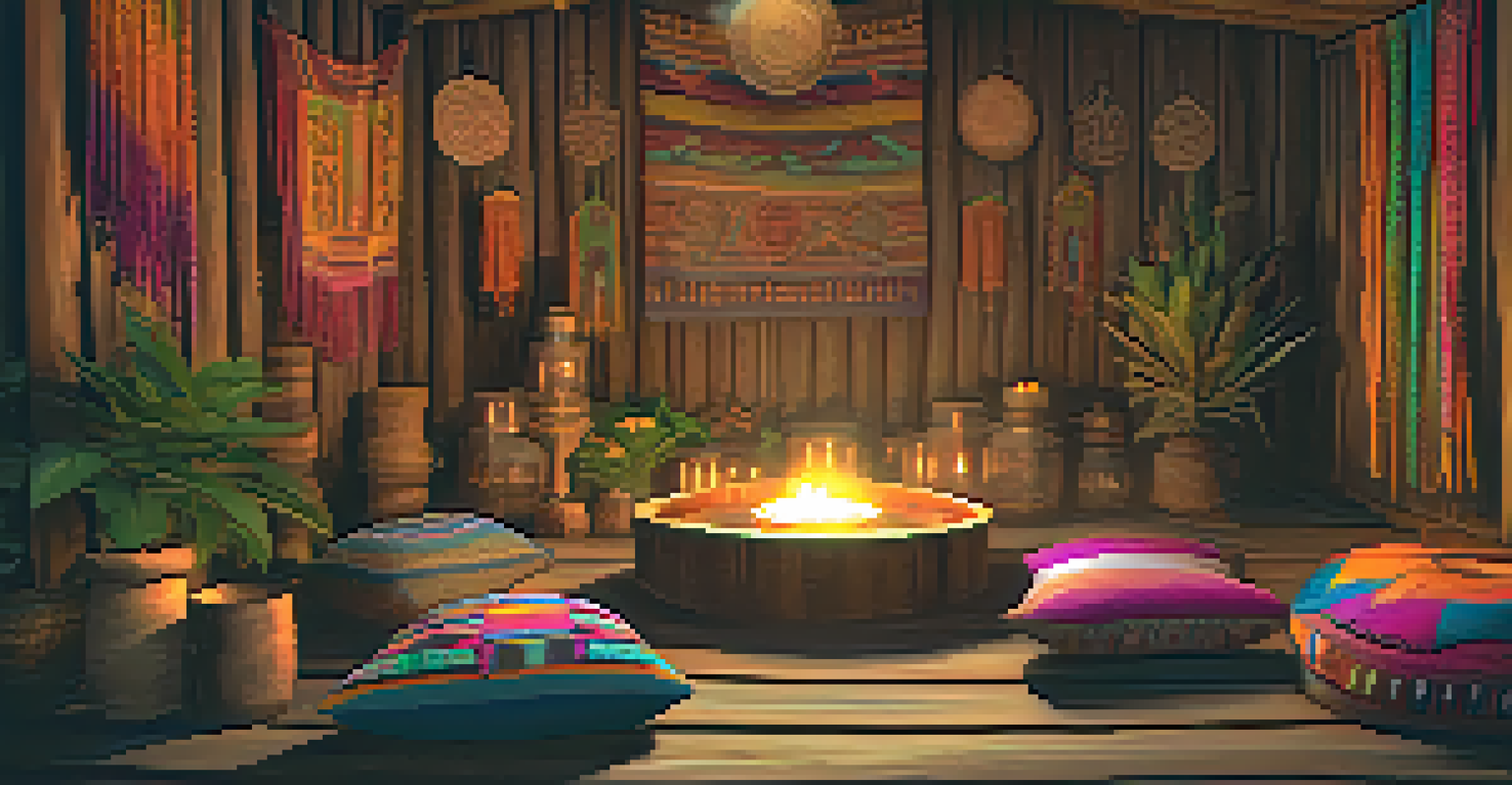 A traditional Ayahuasca ceremony setup in a wooden hut with cushions and candles.