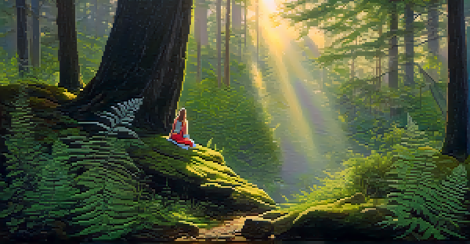 A person meditating in a peaceful forest at twilight, surrounded by trees and ferns, with golden light filtering through.