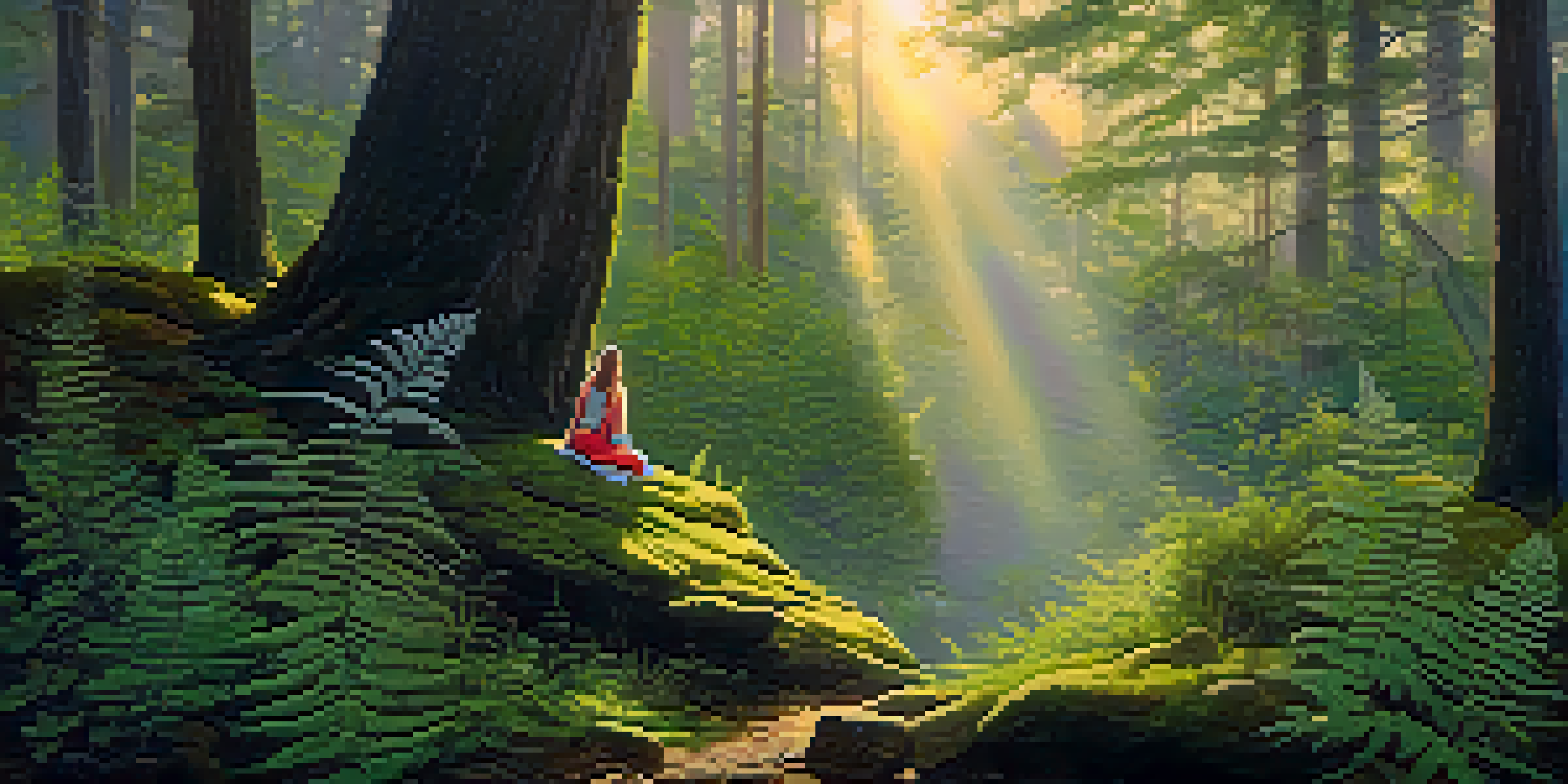 A person meditating in a peaceful forest at twilight, surrounded by trees and ferns, with golden light filtering through.
